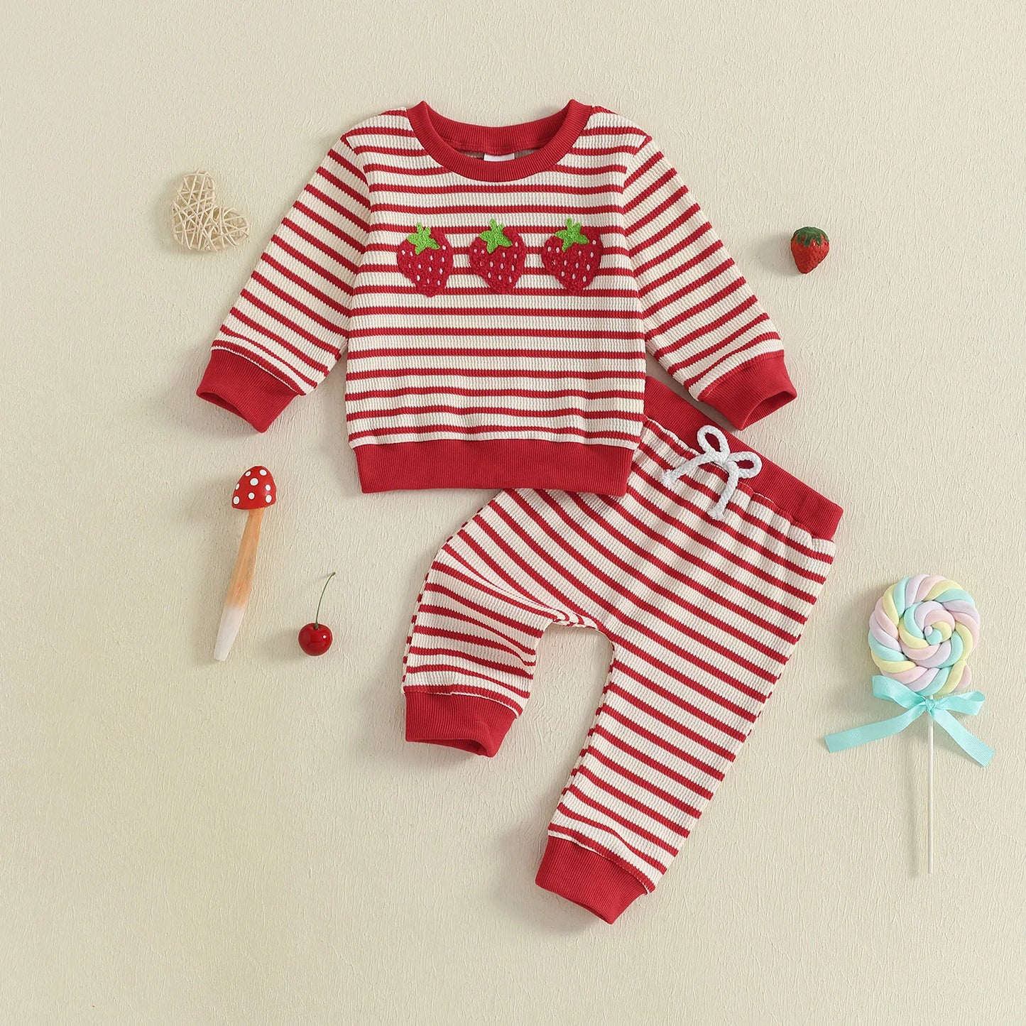 Baby Toddler Girls 2Pcs Autumn Pants Sets Strawberry Embroidery Long Sleeve Top Striped Pants Set