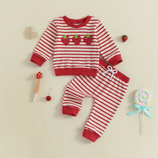 Baby Toddler Girls 2Pcs Autumn Pants Sets Strawberry Embroidery Long Sleeve Top Striped Pants Set
