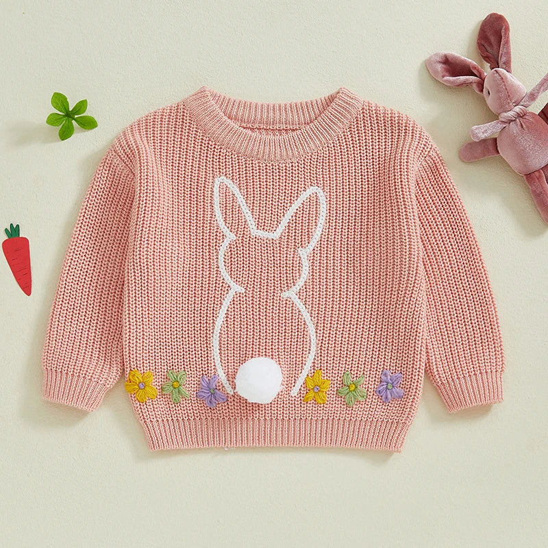 Baby Toddler Girls Sweater Easter Clothes Bunny Rabbit Flower Embroidery Crew Neck Long Sleeve Spring Pullover Top