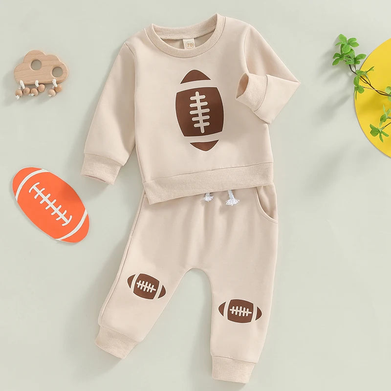 Baby Toddler Boys Girls 2Pcs Football Print Long Sleeve Round Neck Top Drawstring Pockets Long Pants Outfit Set