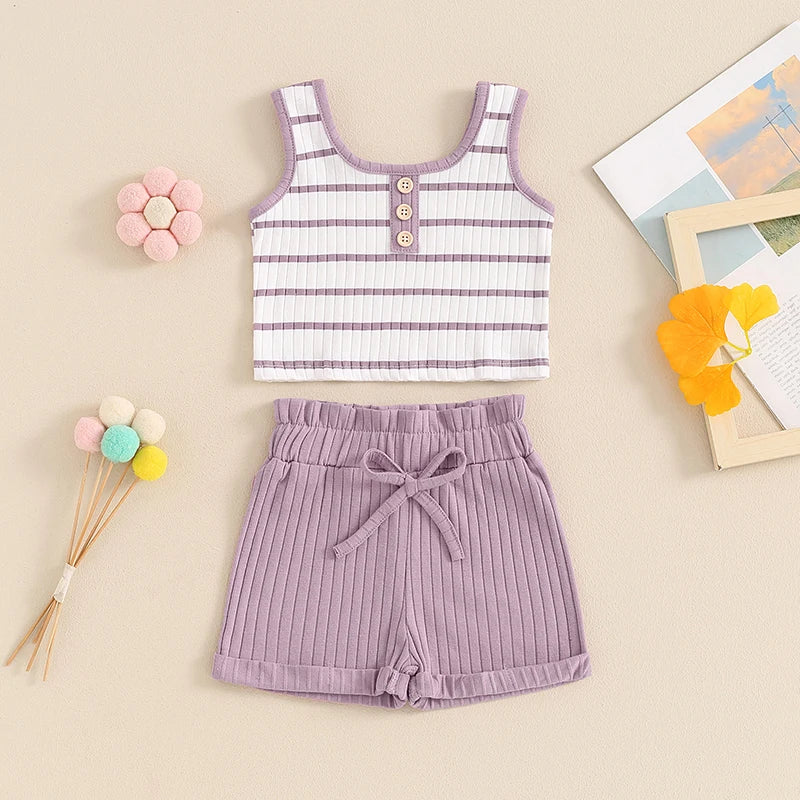 Toddler Baby Girl 2Pcs Summer Ribbed Set Striped Round Neck Sleeveless Tank Top Elastic Waist Shorts Outfit