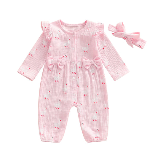 Baby Girl 2Pcs Outfit Duck Bow Ruffle Long Sleeve Romper and Headband 2 Piece Set