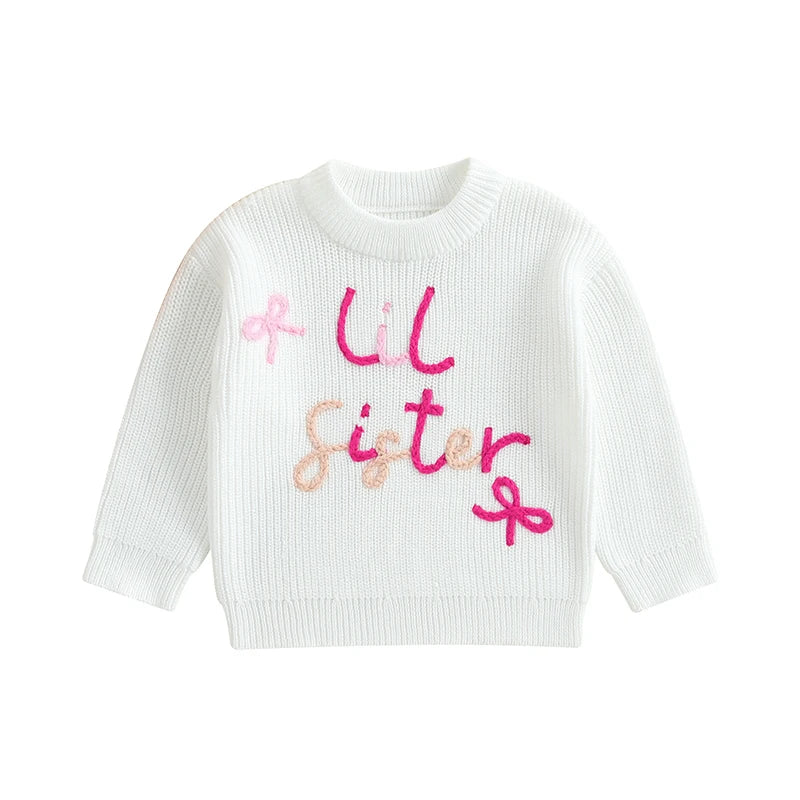 Baby Toddler Girls Lil/Big Sister Sweater Letter Bow Embroidery Crew Neck Long Sleeve Pullover Knit Top