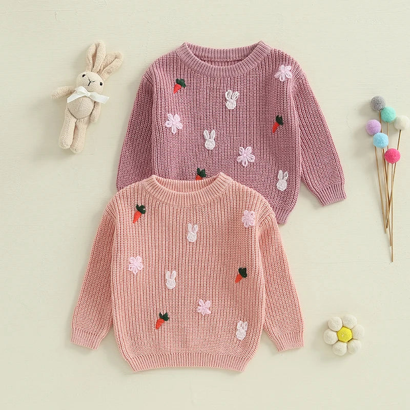 Baby Toddler Girls Knit Easter Sweater Long Sleeve O Neck Bunny Rabbit Carrot Embroidery Pullover Knitwear Top