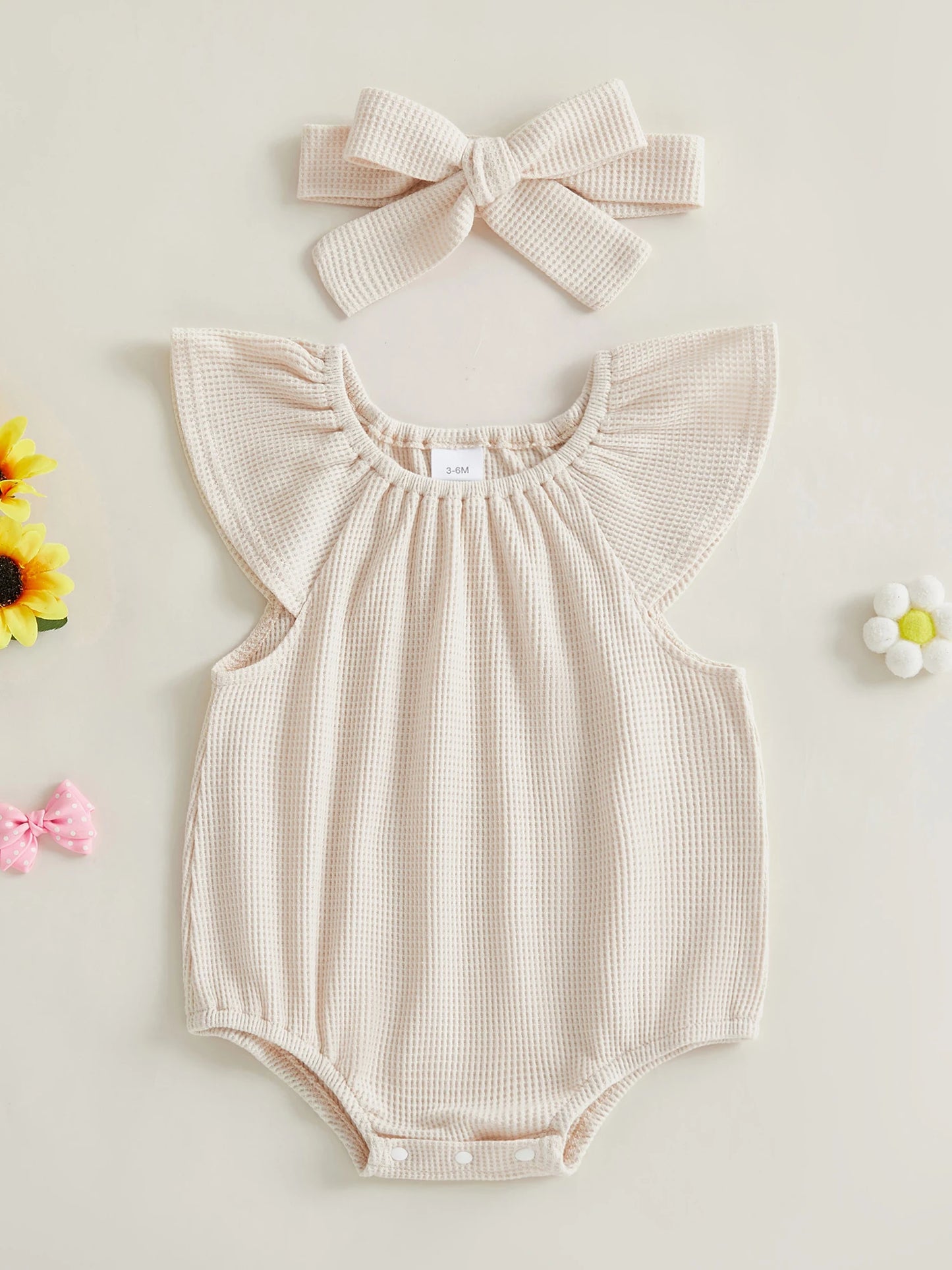 Baby Girl 2Pcs Spring Summer Waffle Romper Short Flying Sleeve O Neck Solid Color Romper with Headband Set