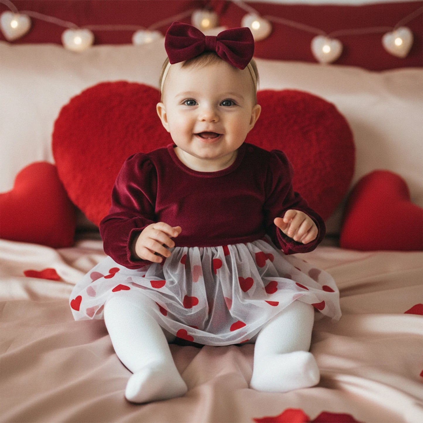 Baby Girls 2Pcs Valentine's Day Romper Dress Long Sleeve Heart Print Tulle Skirt Jumpsuits Headband Bow Set