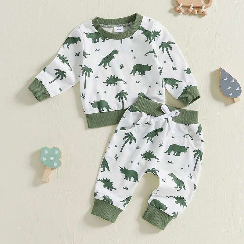 Baby Toddler Boys 2Pcs Outfit Long Sleeve Dinosaur Print Crewneck Top Drawstring Pants Jogger Set