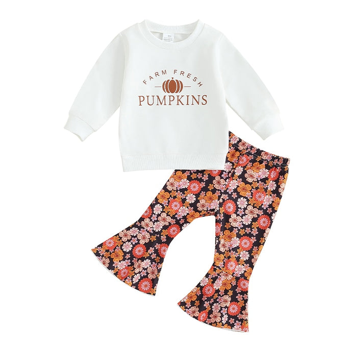 Toddler Baby Girl 2Pcs Hello Pumpkin Print Farm Fresh Pumpkin Long Sleeve Top Flower Pattern Flare Bell Bottom Pant