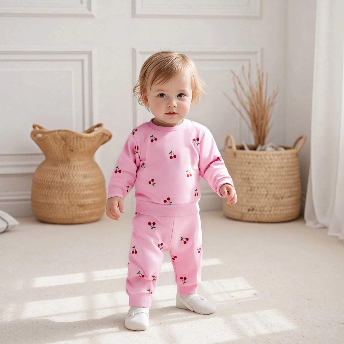 Baby Toddler Girl 2Pcs Winter Fall Outfit Cherry Print Long Sleeve Top Elastic Waist Joggers 2 Piece Jogger Set