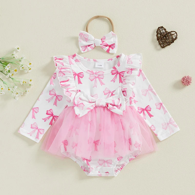 Baby Girls 2Pcs Romper Dress Bow Print Ruffled Trim Long Sleeve Tutu Jumpsuit Headband Outfit Set