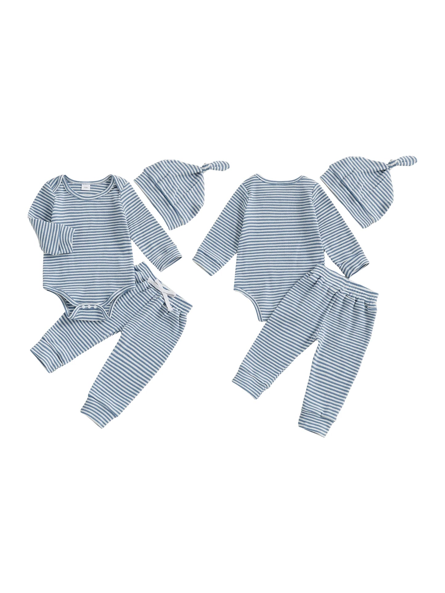 Baby Boys Girls 3Pcs Outfits Striped Crew Neck Long Sleeve Romper Pants and Cap Hat Set