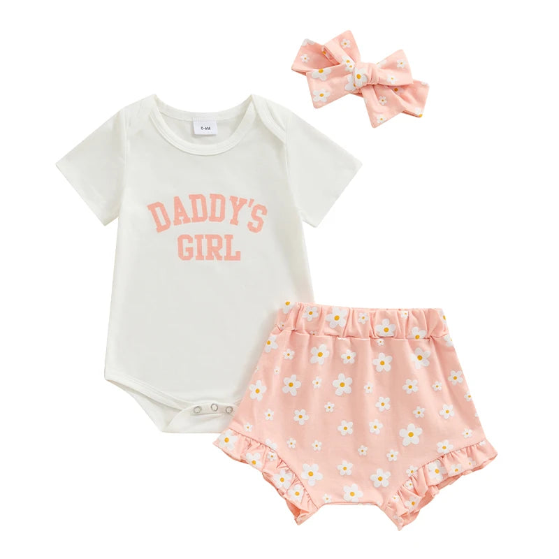 Baby Girl 3Pcs Daddy’s Girl Short Sleeve Romper Flower Ruffle Shorts Headband Outfit Set