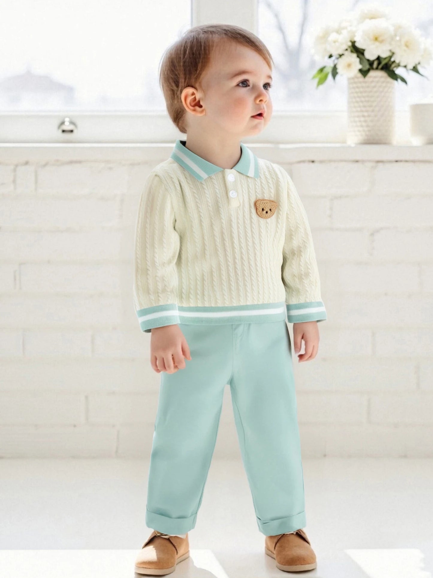 Baby Toddler Boys 2Pcs Fall Outfit Long Sleeve Bear Embroidery Lapel Top + Pants Set