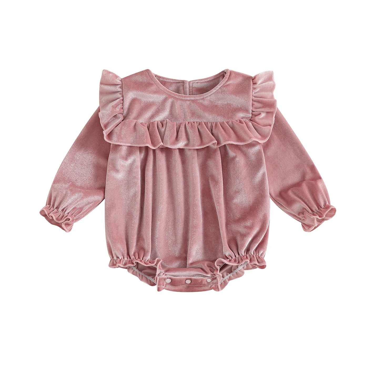 Baby Girls Velvet Romper Solid Color Ruffled Round Neck Long Sleeve Bubble Jumpsuit