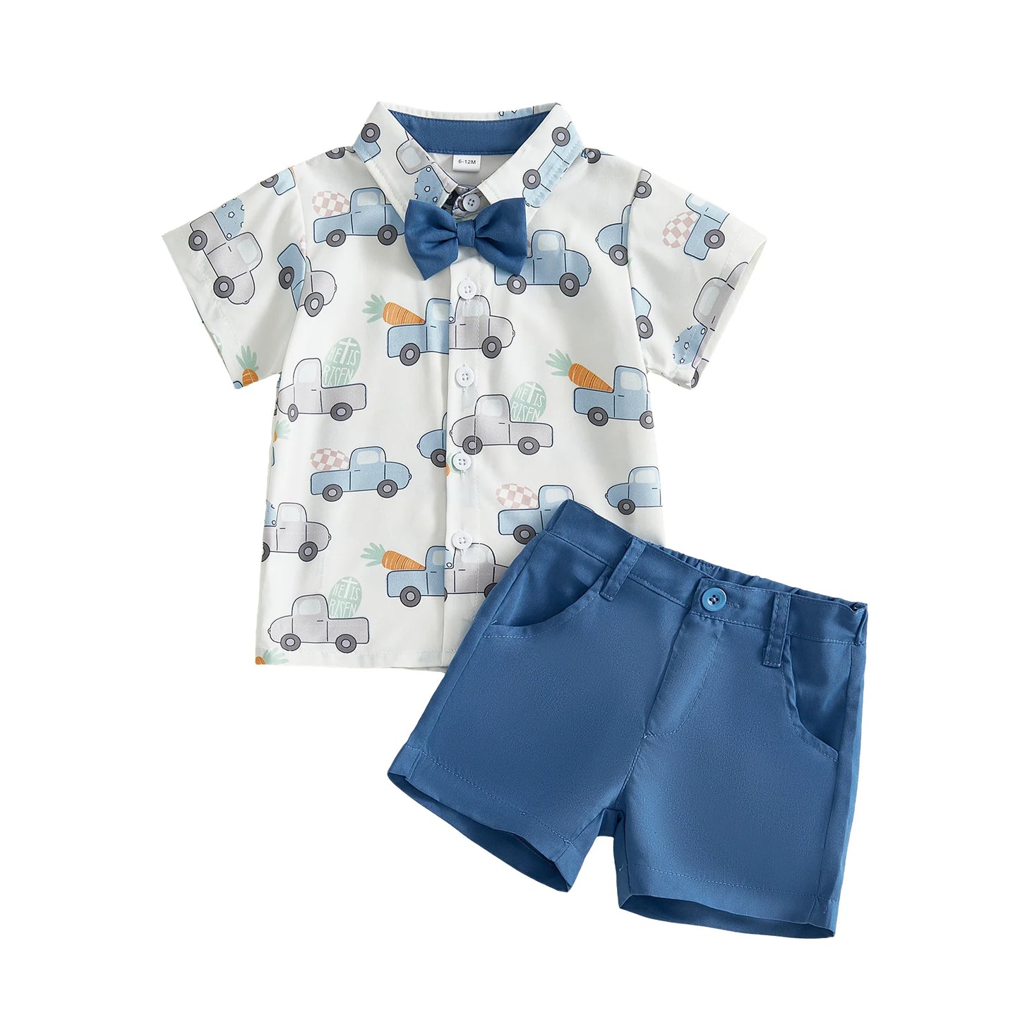 Baby Toddlers Boys 2Pcs Easter Outfit Short Sleeve Car Print Button-down Shirt with Elastic Waist Shorts Set