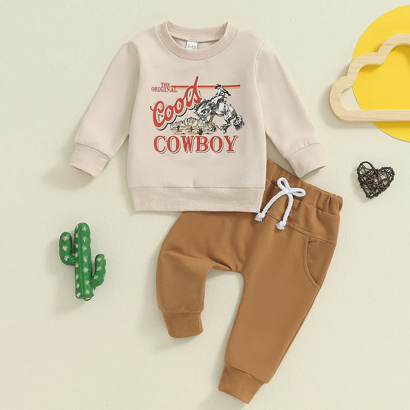 Baby Toddler Boys 2Pcs I Run The Rodeo Cowboy Clothes Set Long Sleeve Crew Neck Letters Western Cow Print Top with Elastic Waist Pants Set