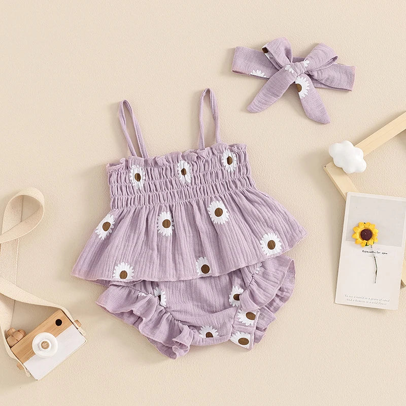 Baby Girls 3Pcs Shorts Set Spaghetti Straps Pleated Flower Print Camisole Top with Shorts Hairband Summer Outfit