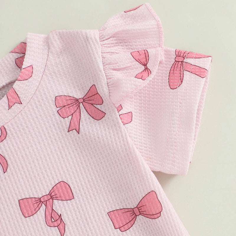 Baby Toddler Girls 2Pcs Summer Clothes Bow Print Short Frill Sleeve O-Neck T-Shirt Top with Elastic Waist Shorts Set Outfit