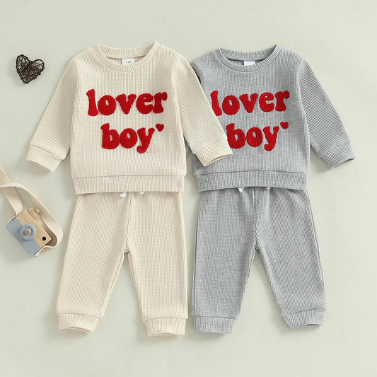 Baby Toddler Boys 2Pcs Lover Boy Valentine's Day Outfit Letter Embroidery Ribbed Long Sleeve Crew Neck Top with Drawstring Jogger Pants Valentines Set