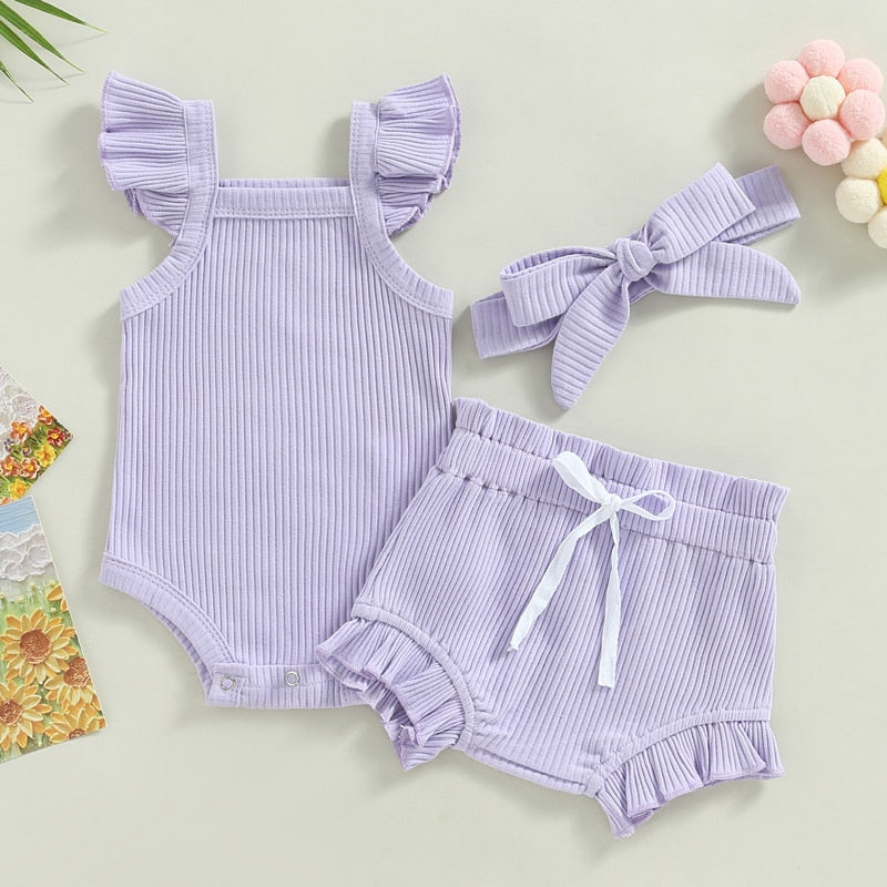 Baby Toddler Girls 3Pcs Flutter Sleeve Solid Romper Tops Drawstring Short Pants Headband Outfit