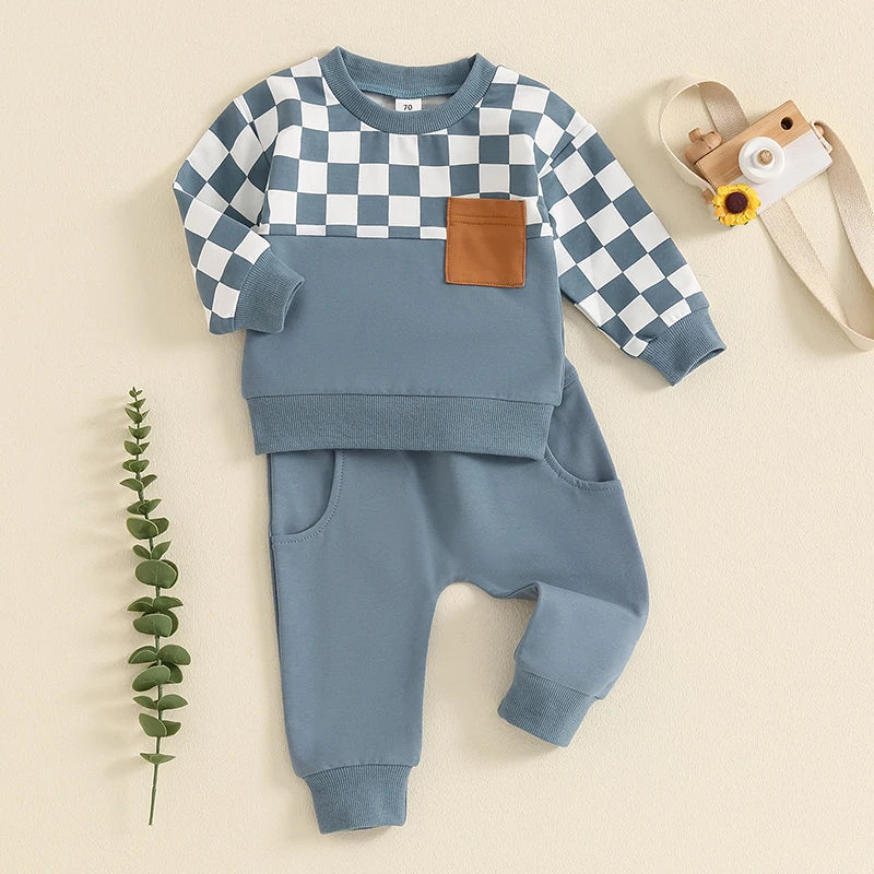 Baby Toddler Boys 2Pcs Fall Clothes Checkerboard Print Long Sleeve Pocket Top with Solid Color Long Pants Outfit Set