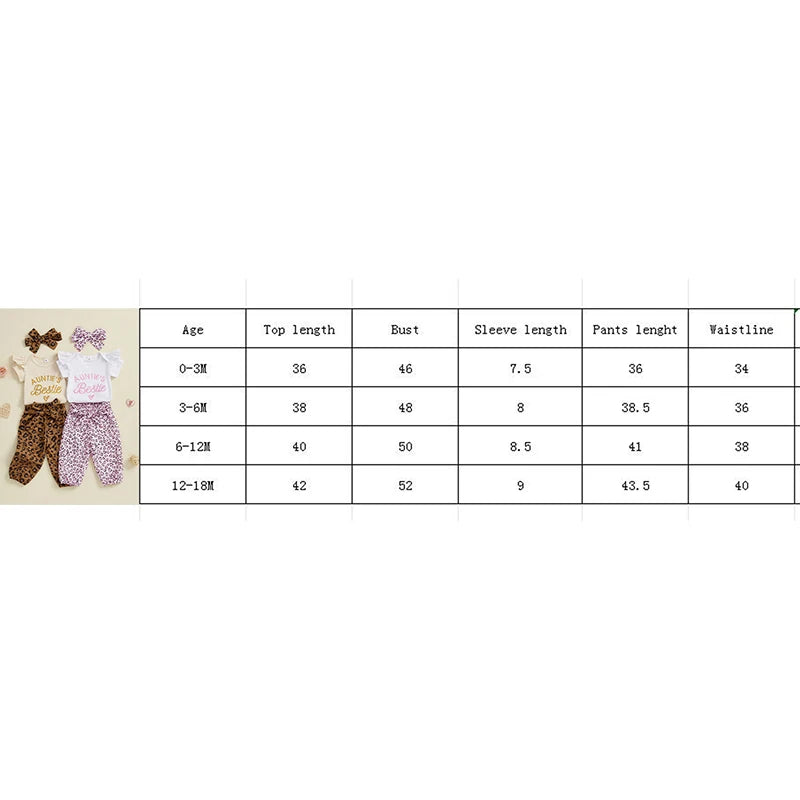 Baby Girls 3Pcs Auntie's Bestie Outfit Short Sleeve Letter Print Romper with Leopard Pattern Print Belted Pants and Headband Set