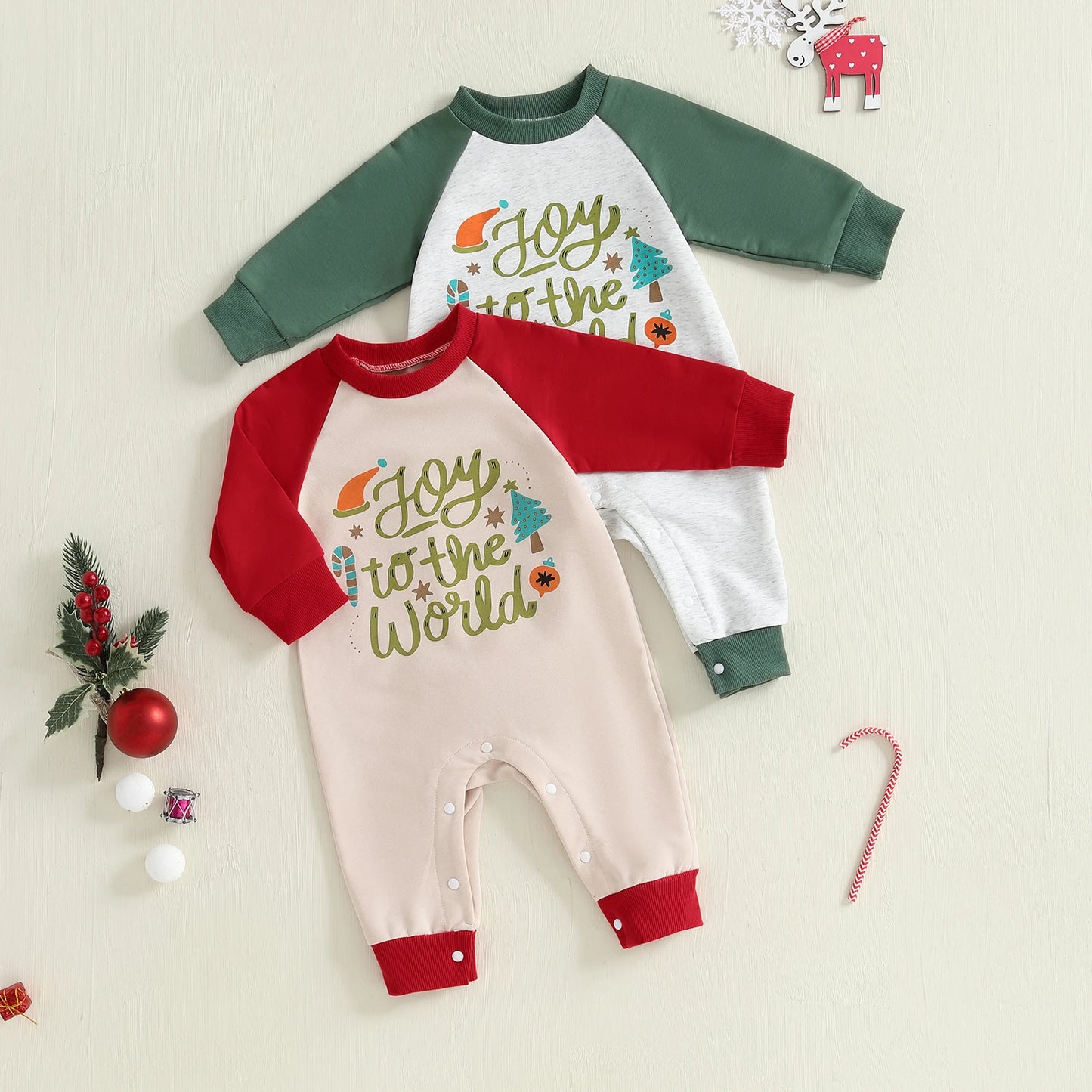 Baby Boys Girls Joy To The World Christmas Romper Letter Tree Long Raglan Sleeve Crewneck Jumpsuit Winter Clothes