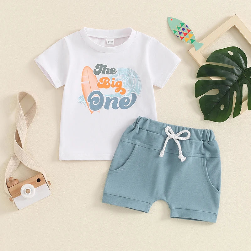 Baby Boys 2Pcs The Big One Birthday Outfit Letter Surfboard Print Short Sleeve Top and Shorts Summer One Yea Old Outfit Set