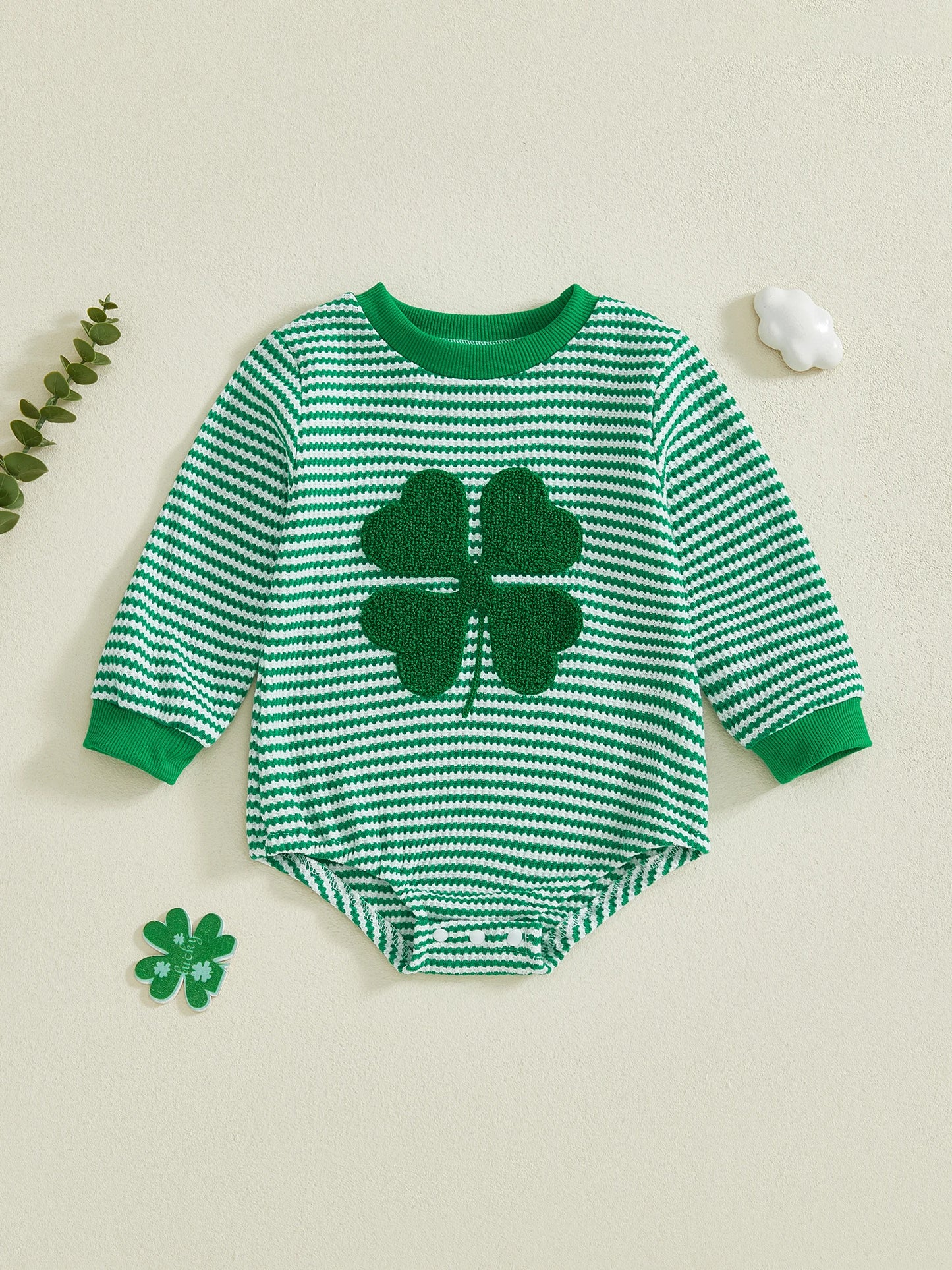 Baby Boys Girls Spring Romper Loose Fit Shamrock Embroidered Striped Crew Neck Long Sleeve Infant Jumpsuit St. Patrick's Day