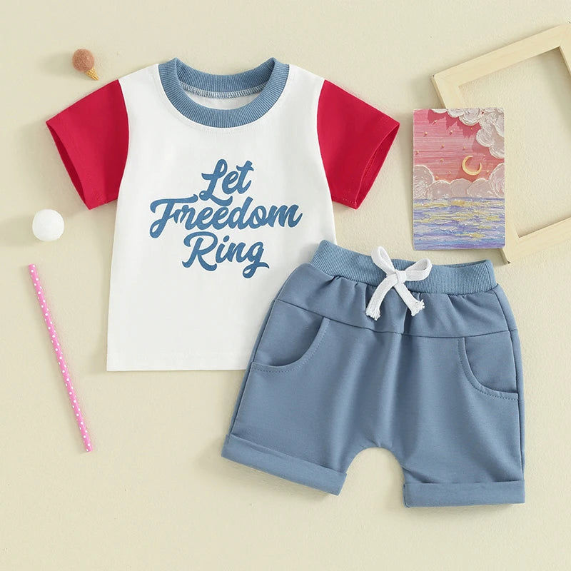 Baby Toddler Boys 2Pcs Let Freedom Ring 4th of July Independence Day Outfits Short Sleeve Letter Print Contrast Color Top and Drawstring Shorts Set