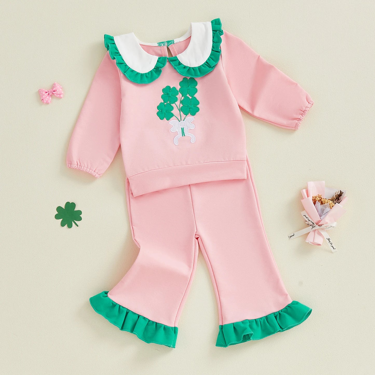 Baby Toddler Girl 2Pcs Spring Outfit Clover Bow Embroidered Doll Collar Top and Flare Pants 2 Piece Set