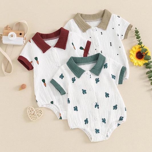 Baby Toddler Boy Spring Summer Jumpsuit Cartoon Cactus/Carrots Triangles Arrows Print Short Sleeve Button Down Collar Romper