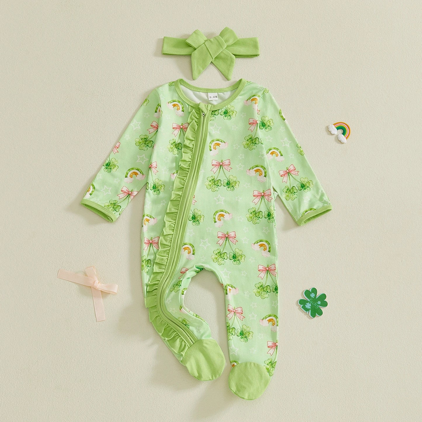 Baby Girl 2Pcs Romper Irish Clover Rainbow Print Long Sleeve Zipper Romper St. Patrick's Day Footed Jumpsuit with Headband Set