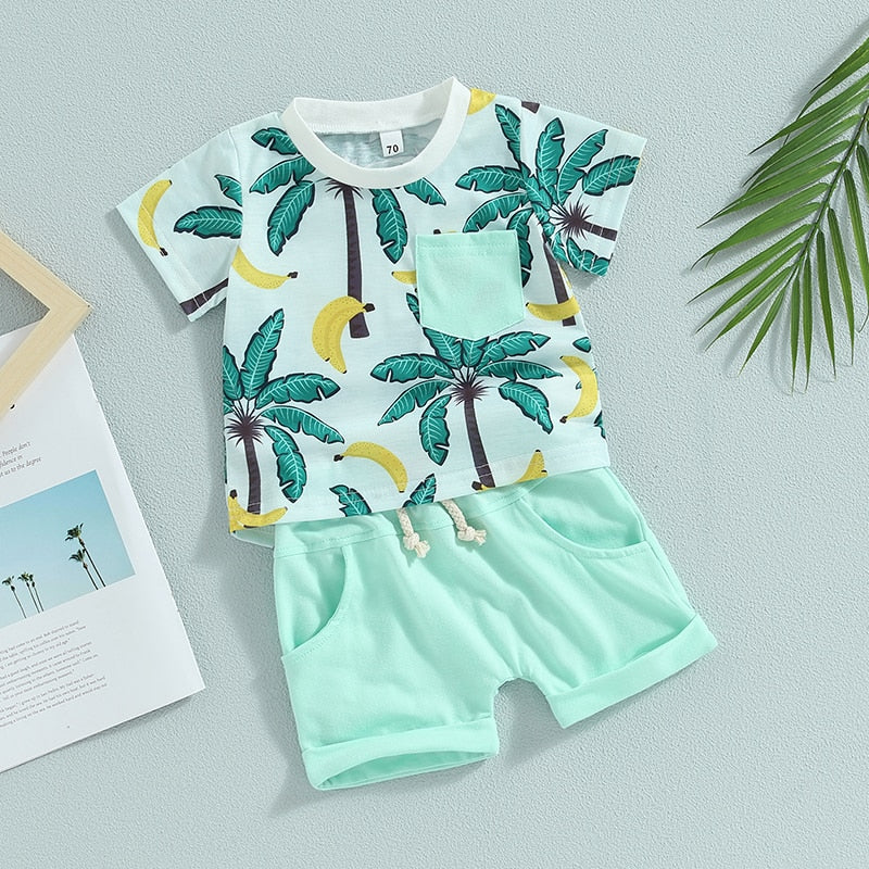 Toddler Baby Boy 2Pcs Palm Tree Print Short Sleeve Crew Neck T-Shirts Shorts Outfit