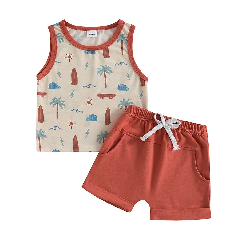 Baby Toddler Boys 2Pcs Summer Clothes Sleeveless Pattern Sea Turtles Palm Tree Waves Print Tank Top Solid Shorts Set Beach Outfit