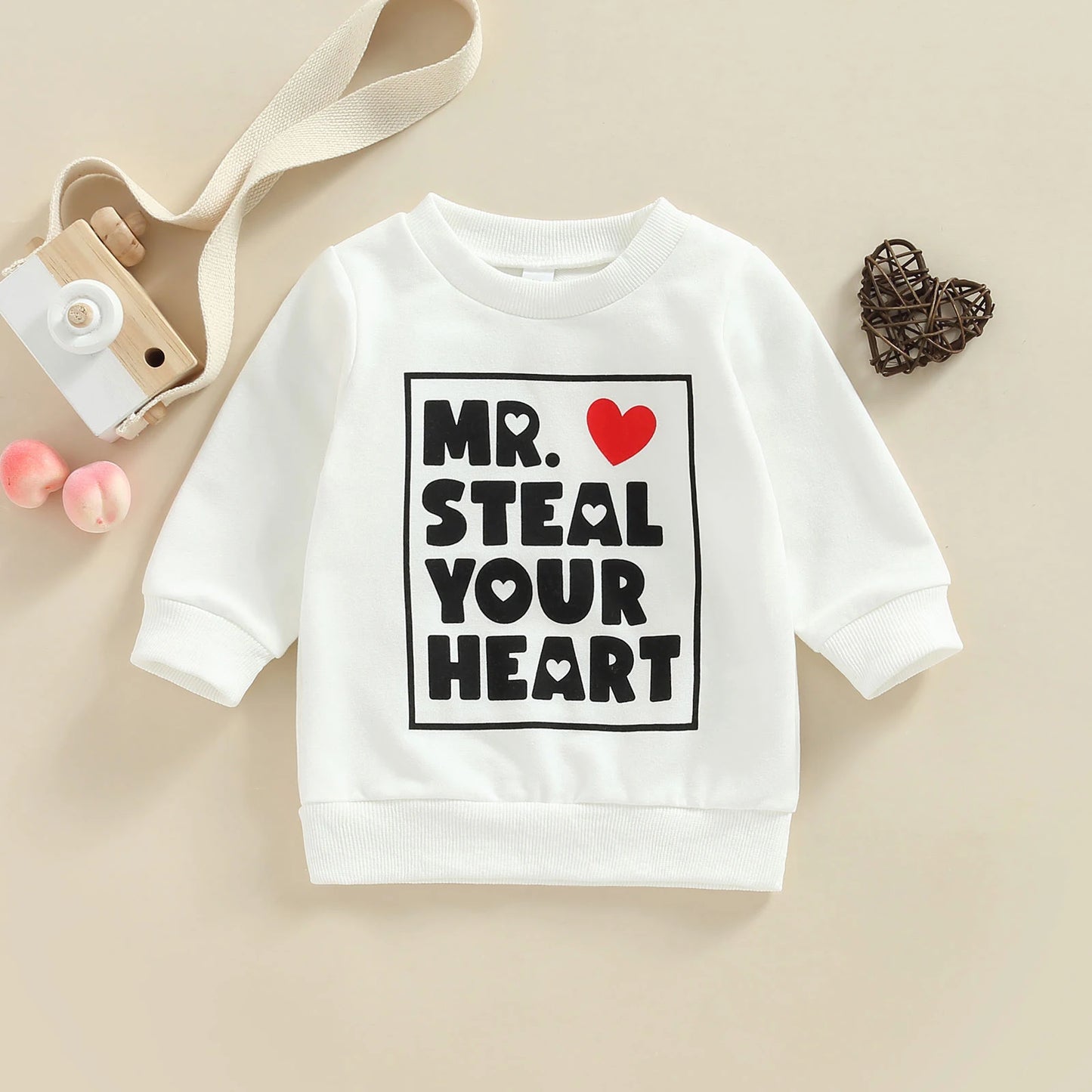 Baby Toddler Kids Boy Valentine's day Long Sleeve Mr. Steal Your Heart Letter Print Pullover Tops