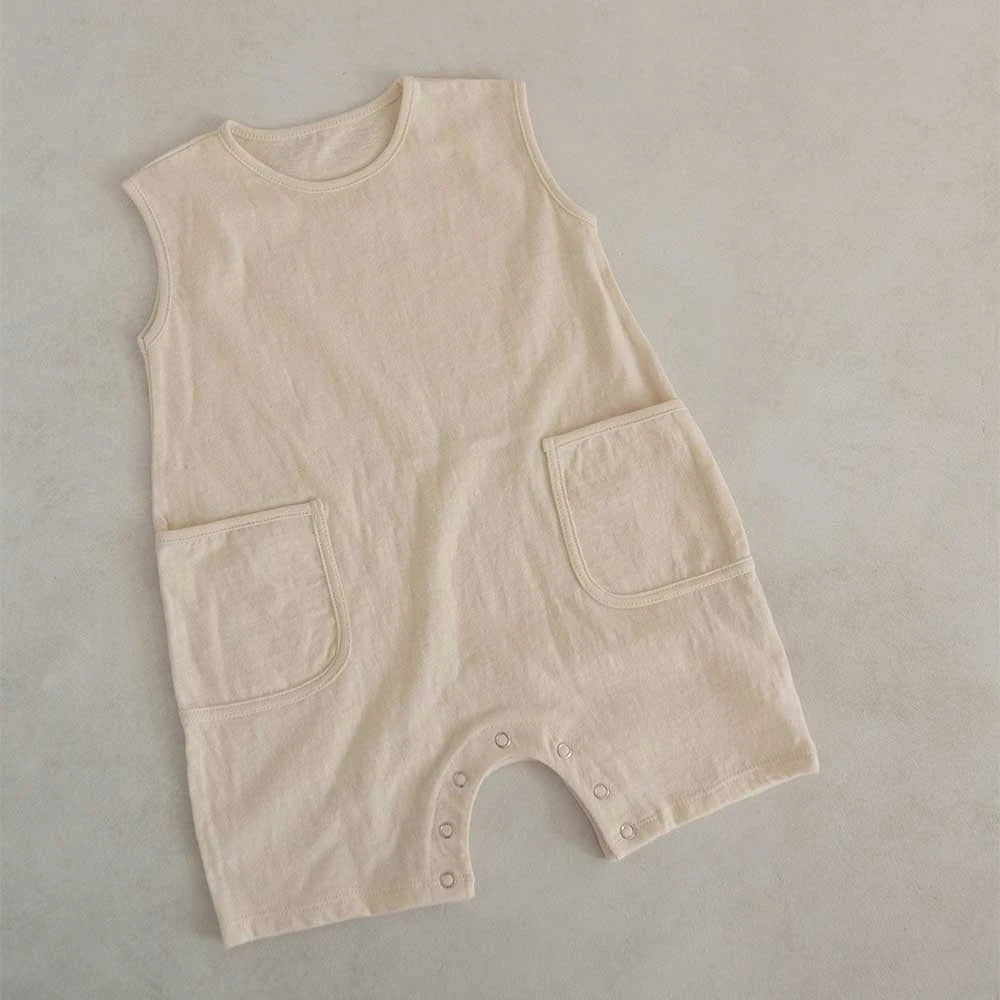 Baby Boys Girls Romper Playsuit Jumpsuit 100% Cotton Neutral Colours Pockets Soft Solid Baby Onepiece Clothes