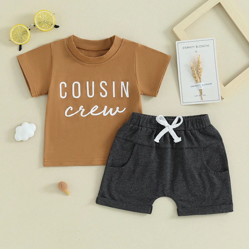 Toddler Baby Boy Girl 2Pcs Family Matching Cousin Crew Short Sleeve Letter Print Top + Elastic Waist Shorts Outfit Set