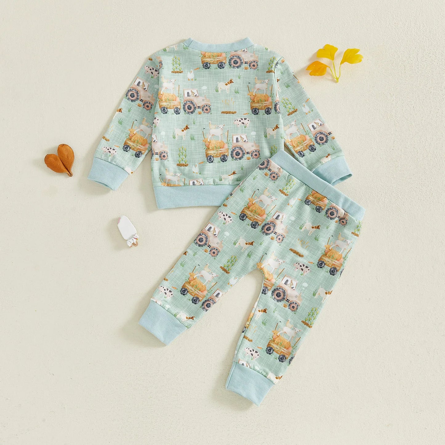 Baby Toddler Boys 2Pcs Fall Outfit Farm Animal/Tractor Print Long Sleeve Top and Elastic Pants 2Piece Clothes Jogger Set