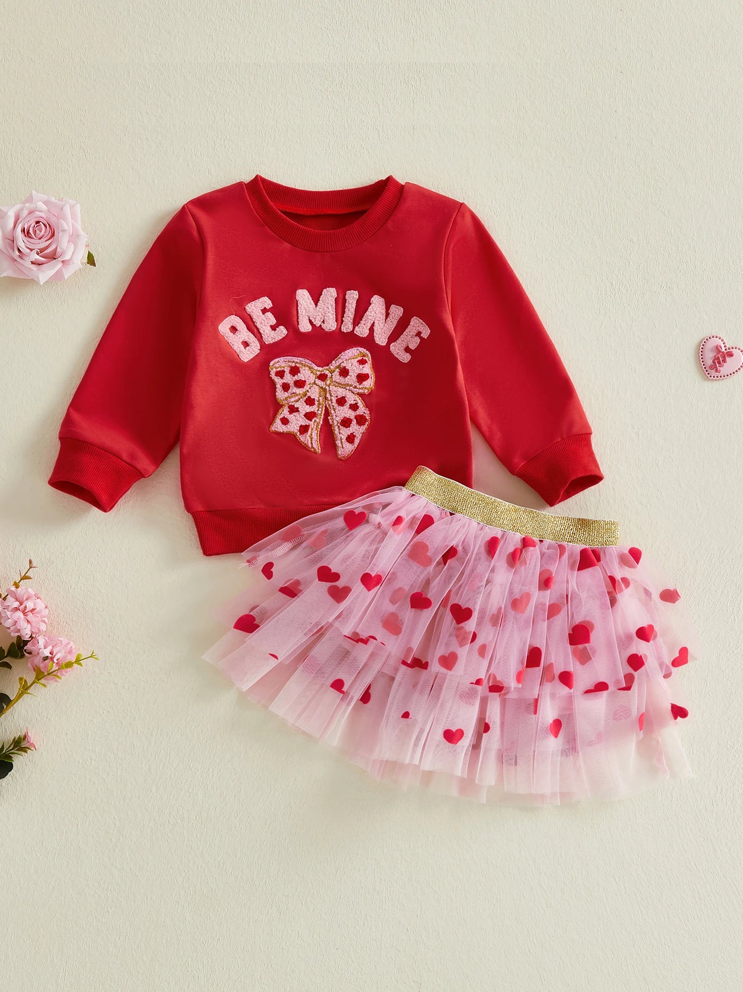 Baby Toddler Girls 2Pcs Be Mine Valentine's Day Outfit Letter Bow Embroidered Long Sleeve Top and Heart Print Mesh Tutu Skirt Set