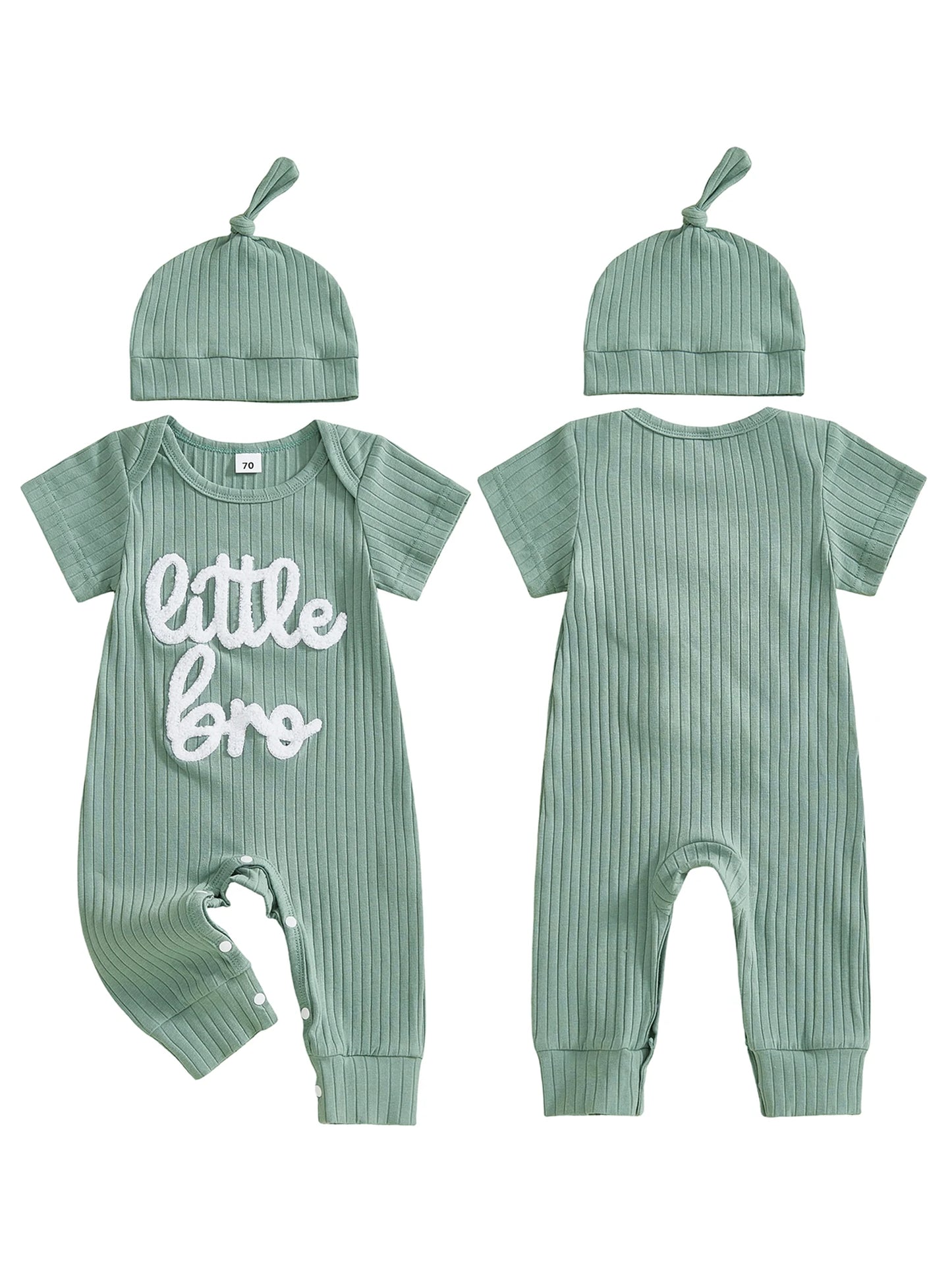 Baby Boy 2Pcs Little Bro Short Sleeve Romper Ribbed Letter Embroidery Round Neck Infant Jumpsuit with Hat Set