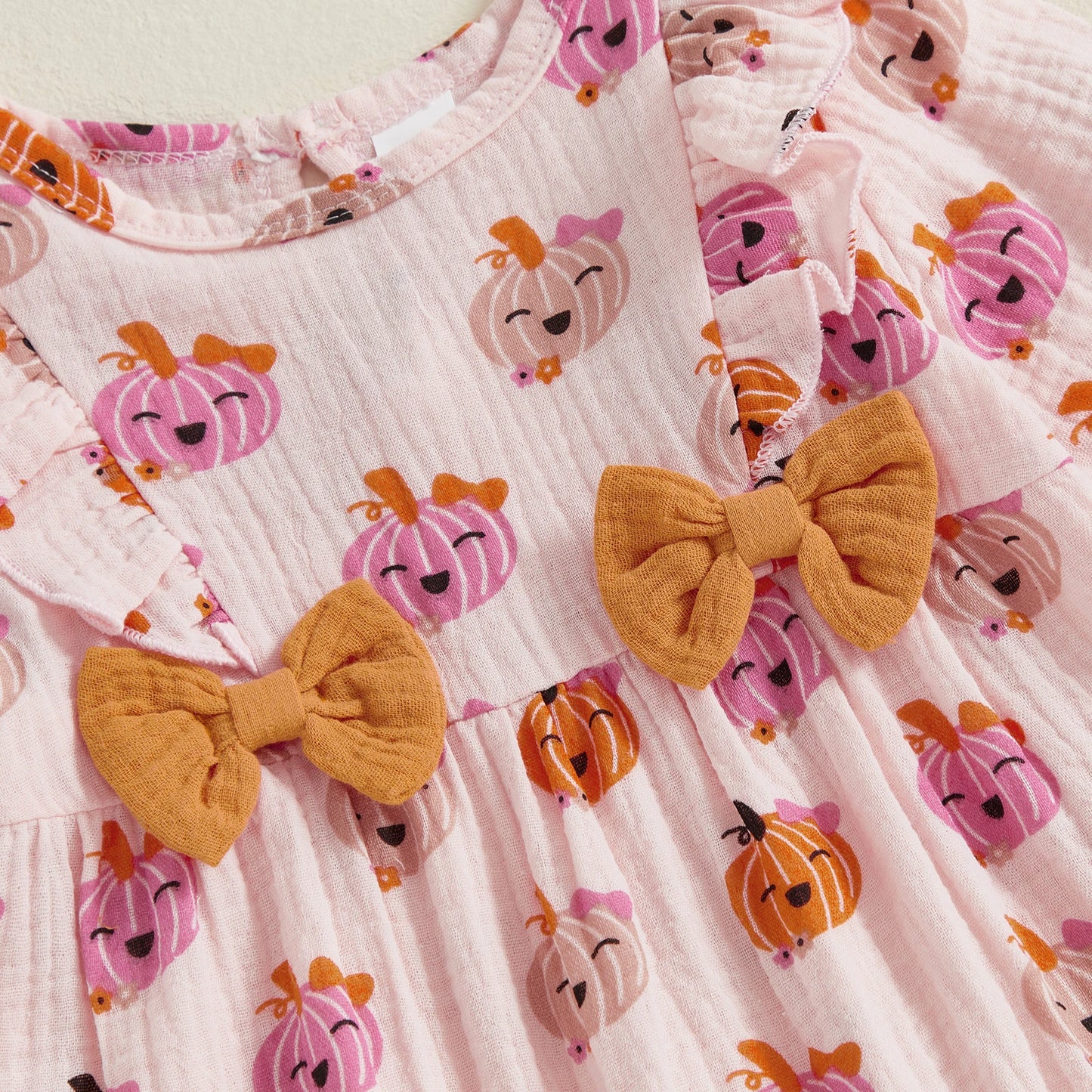 Baby Girl 2Pcs Halloween Outfit Pumpkin Ruffle Trim Long Sleeve Romper Tie-up Headband Cotton Linen Set