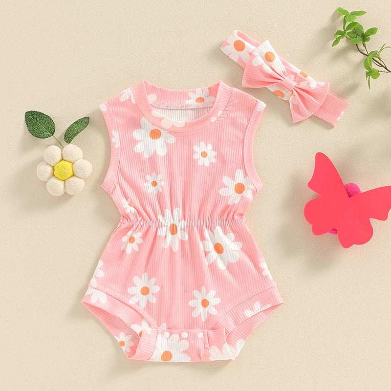 Baby Girls 2Pcs Rompers Daisy Print Round Neck Sleeveless Tank Top Bodysuit Summer Clothes with Headband