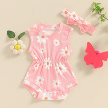 Load image into Gallery viewer, Baby Girls 2Pcs Rompers Daisy Print Round Neck Sleeveless Tank Top Bodysuit Summer Clothes with Headband

