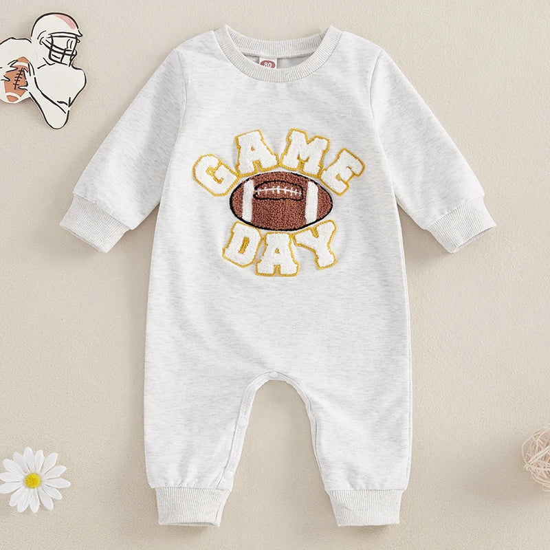 Baby Girl Boy Fall Romper GAME DAY Letter Football Embroidery Long Sleeve Full Length Jumpsuit