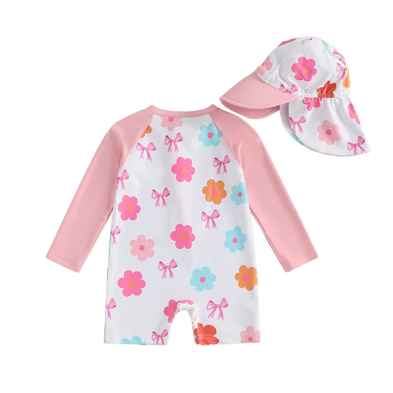 Baby Toddler Girls 2Pcs Swimwear Long Sleeve Floral/Bow/Strawberry Print Half Zipper Rash Guard Bathing Suite with Sunhat Set