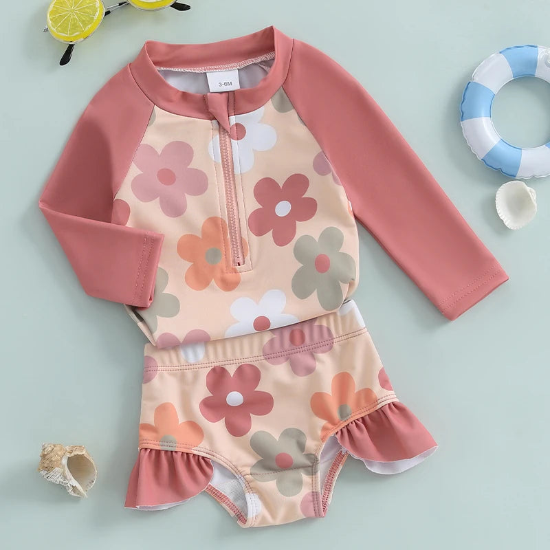 Baby Toddler Girls 2Pcs Summer Swimsuit Set Flower Bow Print Zip-up Rash Guard Long Sleeve Swim Top and Shorts Bathing Suit