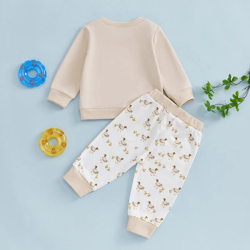 Baby Toddler Boys Girls 2Pcs Outfit Long Sleeve Round Neck Duck Embroidery Top Drawstring Pants Fall Jogger Set