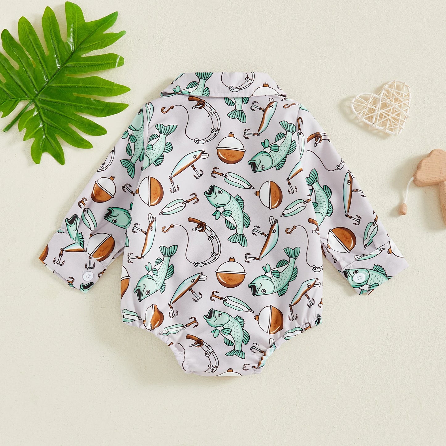 Baby Boys Girls Romper Long Sleeve Lapel Collar Fish Print Bodysuit Fall Playsuit