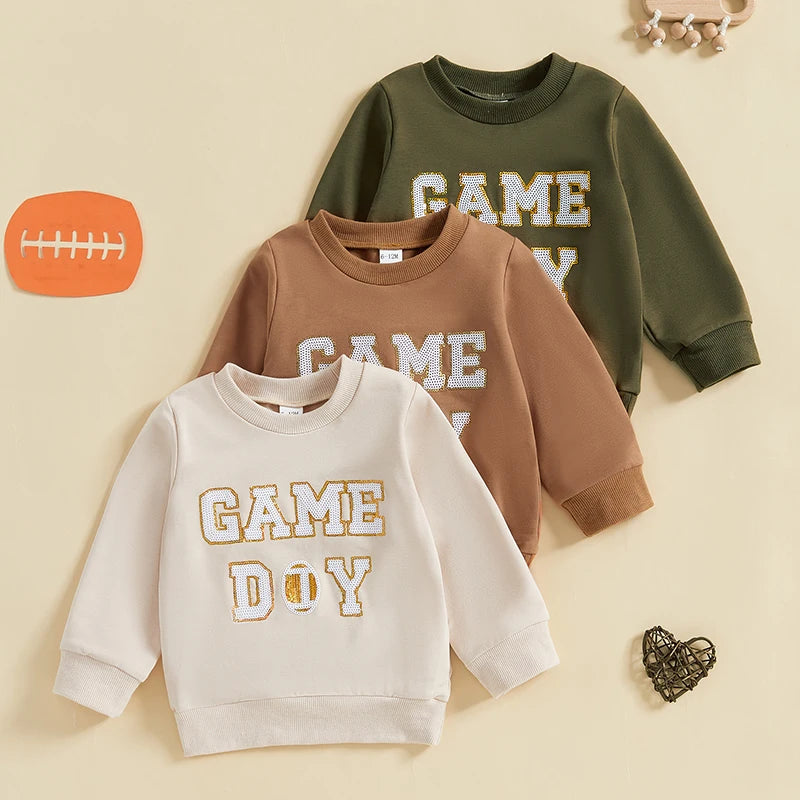 Baby Toddler Boys Girls Fall GAME DAY Football Sequin Letter Embroidery Long Sleeve Crew Neck Pullover Top